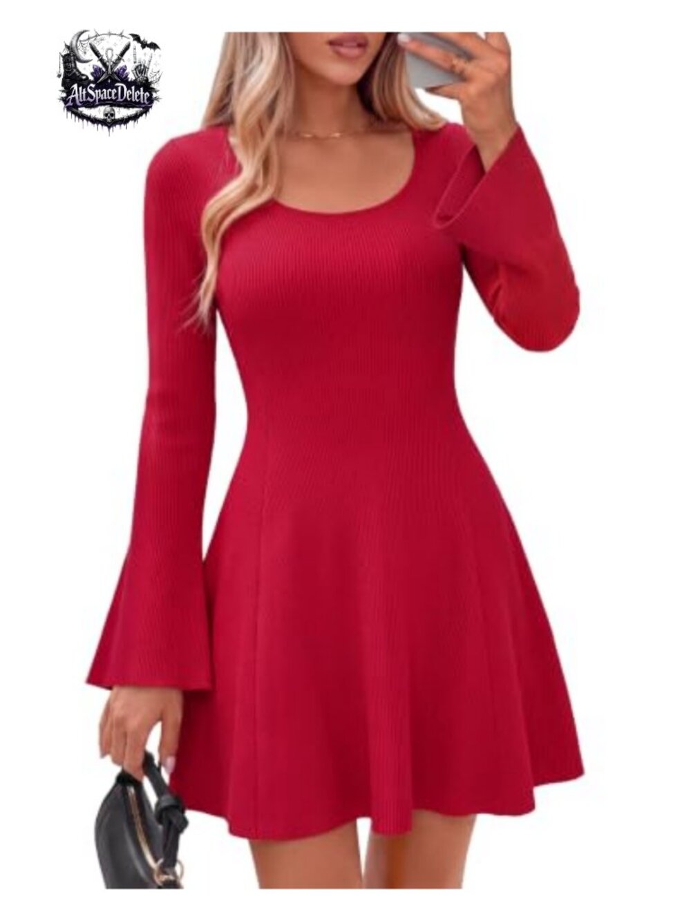 Ribbed Knit Square Neck Bell Sleeve Mini Sweater Dress A-Line